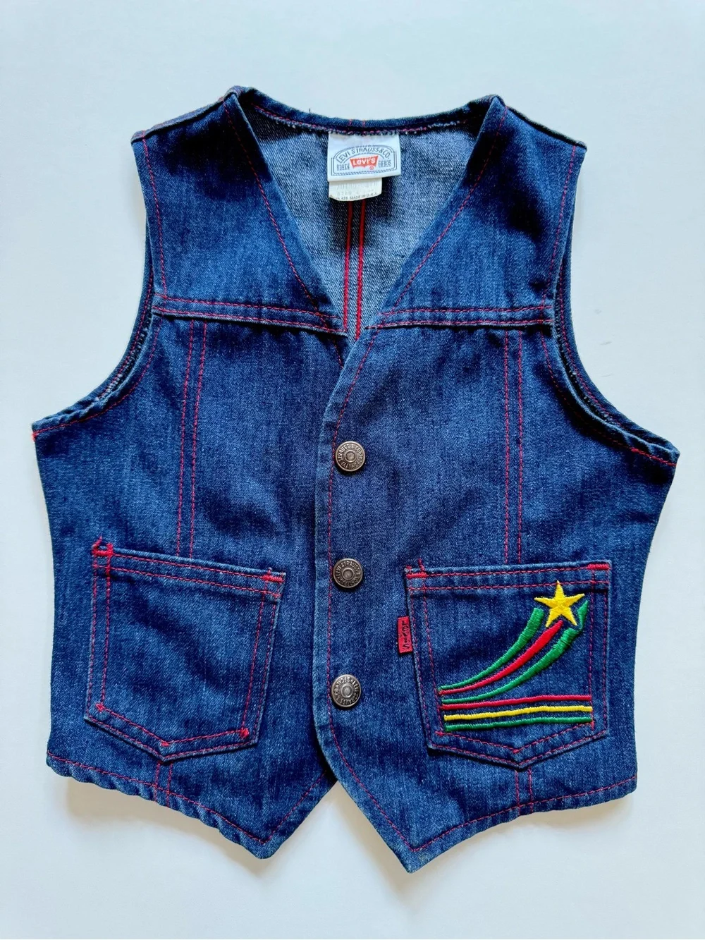 Levi’s Vintage Red Tab Blue Denim Vest Shooting Star Rainbow Embroidery, Size 4